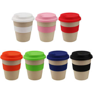 A drink bottle in various colours, featuring a reusable coffee cup design with silicone sleeves and lids.