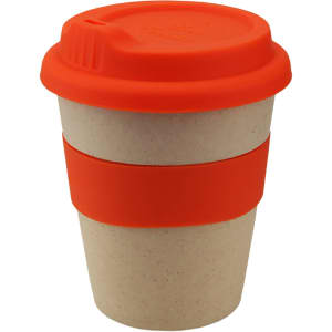 A reusable coffee cup in natural with an orange silicone lid and band, featuring a logo.
