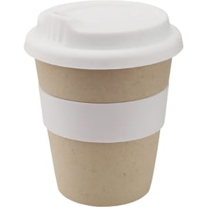 A reusable coffee cup in natural brown with a white band and lid, ideal for eco-friendly beverages.