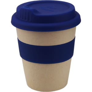 A reusable coffee cup with a navy blue lid and band, featuring a natural bamboo exterior and a silicone sleeve.