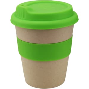 A drink bottle featuring a natural beige body with a bright green silicone lid and band, designed for reusable use.