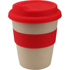 A reusable coffee cup featuring a beige body, red silicone band, and a red lid, with a logo on the surface.