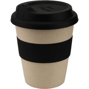 A reusable coffee cup in light tan with a black rubber sleeve and black lid, featuring a logo.