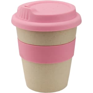 A reusable coffee cup in beige with a pink silicone band and lid, featuring a logo.
