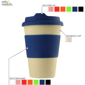 A reusable coffee cup made of bamboo, featuring a blue silicone lid and band, with a cream-coloured body. It has a logo.