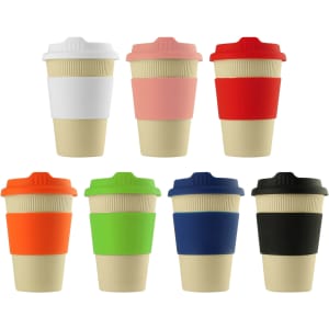 A drink bottle collection featuring reusable coffee cups in white, pink, red, orange, green, and black, with silicone sleeves and lids.