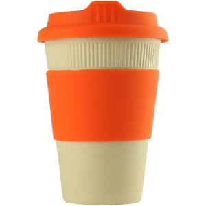 A reusable coffee cup in beige with an orange lid and grip, featuring a logo on the side.