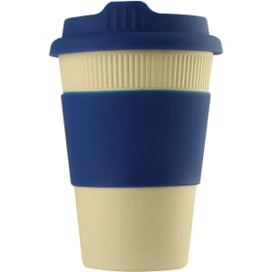 A reusable coffee cup in cream and navy blue, featuring a silicone sleeve and a lid. It has a logo on the side.