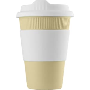 A reusable coffee cup in cream with a white lid and grip sleeve, featuring a logo.