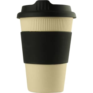 A reusable coffee cup in cream with a black lid and sleeve, featuring a textured grip and a logo.