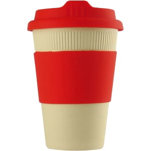 A reusable coffee cup in cream with a red silicone grip and lid, featuring a logo on the surface.