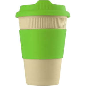 A reusable coffee cup in cream with a bright green lid and grip, featuring a logo.