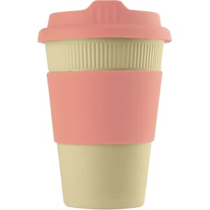 A reusable coffee cup in beige with a pink silicone sleeve and lid, featuring a logo.