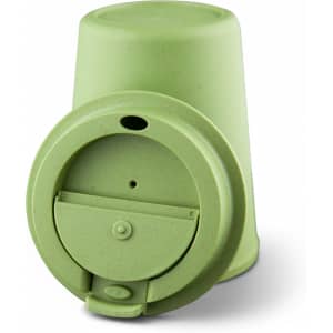 A drink bottle with a green eco-friendly design and a flip-top lid. It features a logo on its side.