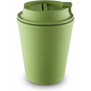 A drink bottle in a light green colour, resembling a takeaway cup, with a flip lid and a logo.