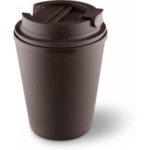 A drink bottle in a dark brown colour, featuring a cup design and a lid, with a branding logo present.