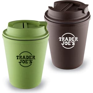 A drink bottle featuring a green and brown design with a lid, displaying a logo on both cups.