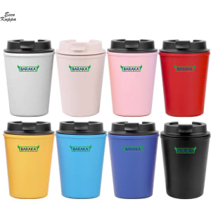 A collection of reusable coffee cups in various colours including grey, pink, red, yellow, and black, featuring lids and logos.
