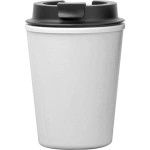 A reusable coffee cup in white with a black lid, featuring a logo. Ideal for eco-friendly beverages.