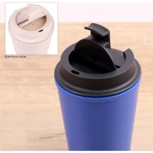 A reusable coffee cup in blue featuring a black lid with a logo. The cup has a sleek, modern design.