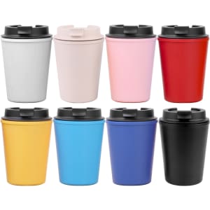 A drink bottle collection featuring reusable coffee cups in grey, pink, red, yellow, blue, and black, with black lids.
