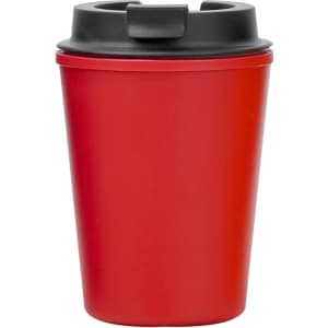 A red reusable coffee cup with a black lid, featuring a logo. Perfect for on-the-go beverages.
