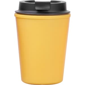 A reusable coffee cup in bright yellow with a black lid and logo. Perfect for eco-friendly drinkware.