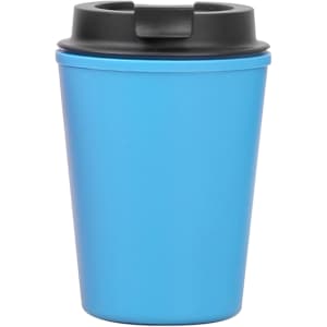 A reusable coffee cup in bright blue with a black lid, featuring a logo.