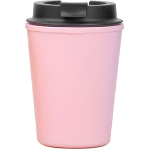 A reusable coffee cup in a soft pink colour with a black lid, featuring a logo.