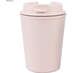A reusable coffee cup in a light pink colour, made from bamboo, featuring a lid and a logo.