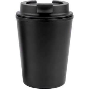 A reusable coffee cup in matte black featuring a lid with a drinking opening. It has a logo.