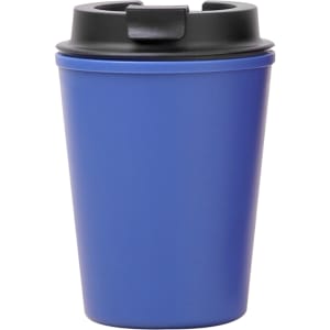A drink bottle in blue with a black lid, designed as a reusable coffee cup. It features a branding logo.