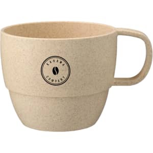 A reusable coffee cup made from wheat straw, featuring a beige colour and a handle, with a logo on the front.