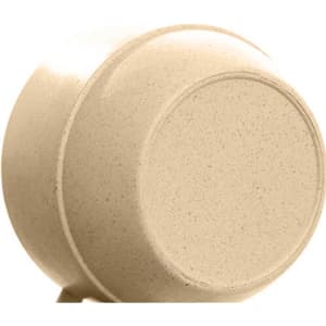 A reusable coffee cup in a light beige colour, featuring a smooth, rounded design and a logo on the side.
