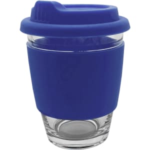 A glass coffee cup with a blue silicone sleeve and lid, featuring a transparent base and a logo.