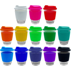 A collection of Carlo Glass Coffee Cups in various colours with silicone lids and transparent glass bodies.