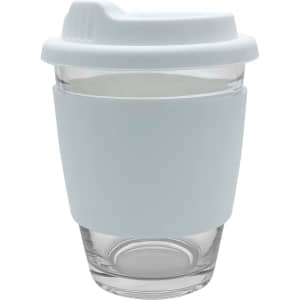 A glass coffee cup with a white silicone sleeve and lid, featuring a smooth, transparent design.