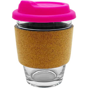 A glass coffee cup with a pink lid and cork band, featured in a reusable drinkware design.