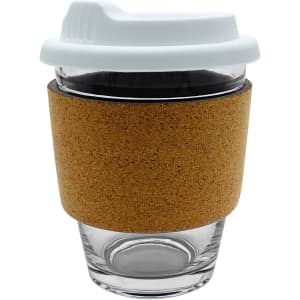 A glass coffee cup with a white lid and cork sleeve, showcasing a clear glass body.