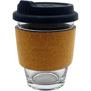 A glass coffee cup with a cork sleeve and a black lid, designed for reusable drinkware.