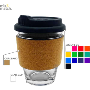 A reusable coffee cup featuring a glass body, cork band, and a silicone lid. Available in various colours.