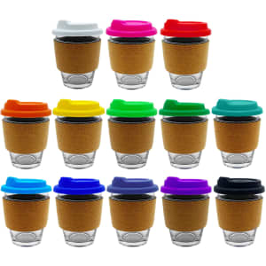 A set of 15 reusable glass coffee cups with cork sleeves and colourful lids in various colours.