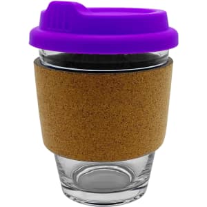 A glass coffee cup with a cork sleeve and a purple lid. It features a logo on the side.
