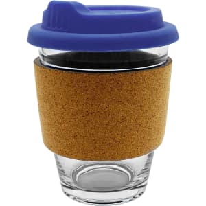 A glass coffee cup with a cork band and a blue lid, suitable for reusable drinkware.