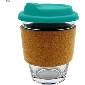 A glass coffee cup with a teal lid and cork sleeve, featuring a simple design and transparent body.