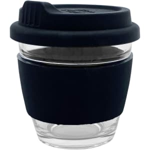 A reusable glass coffee cup with a black silicone sleeve and lid, featuring a clear glass body.