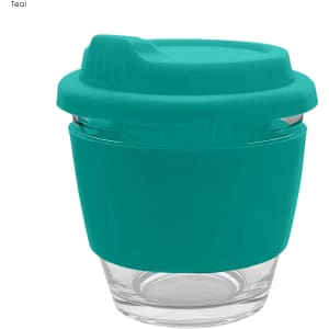 A teal reusable coffee cup with a silicone sleeve and lid, made from glass. It features a logo on the side.