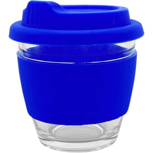 A reusable coffee cup with a clear glass body and blue silicone lid and sleeve. Features a logo on the sleeve.