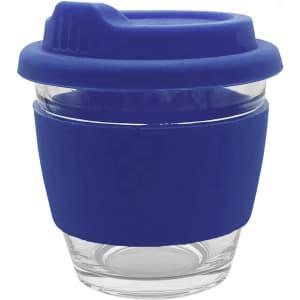 A reusable coffee cup with a clear glass body and blue silicone sleeve and lid. It features a logo on the sleeve.
