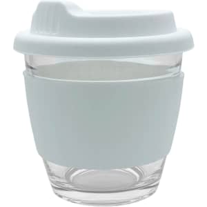 A reusable glass coffee cup in clear and light blue, featuring a silicone sleeve and a fitted lid.